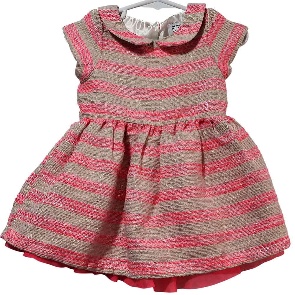 The Childrens Place Toddler Girls Pink Gold Metallic Striped Party Dress 12-18M